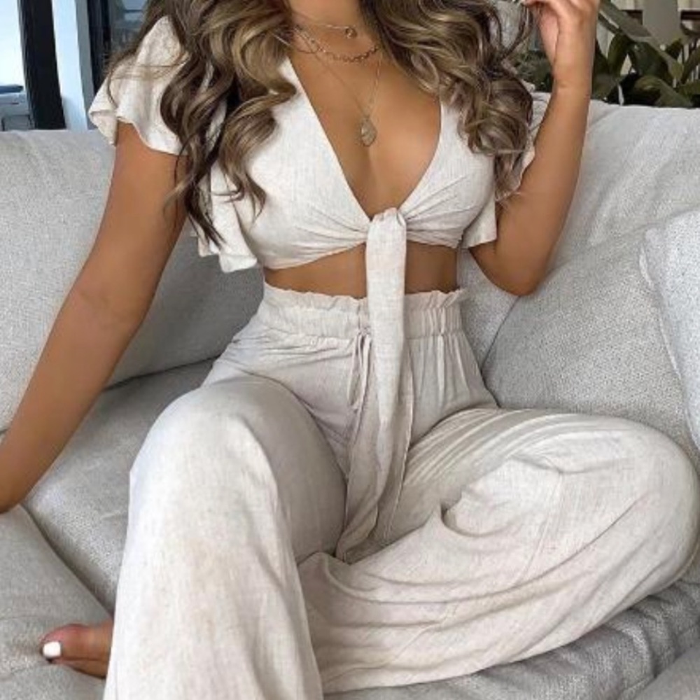 Ruffles Sleeve Knotted Top & High Waist Pants Set